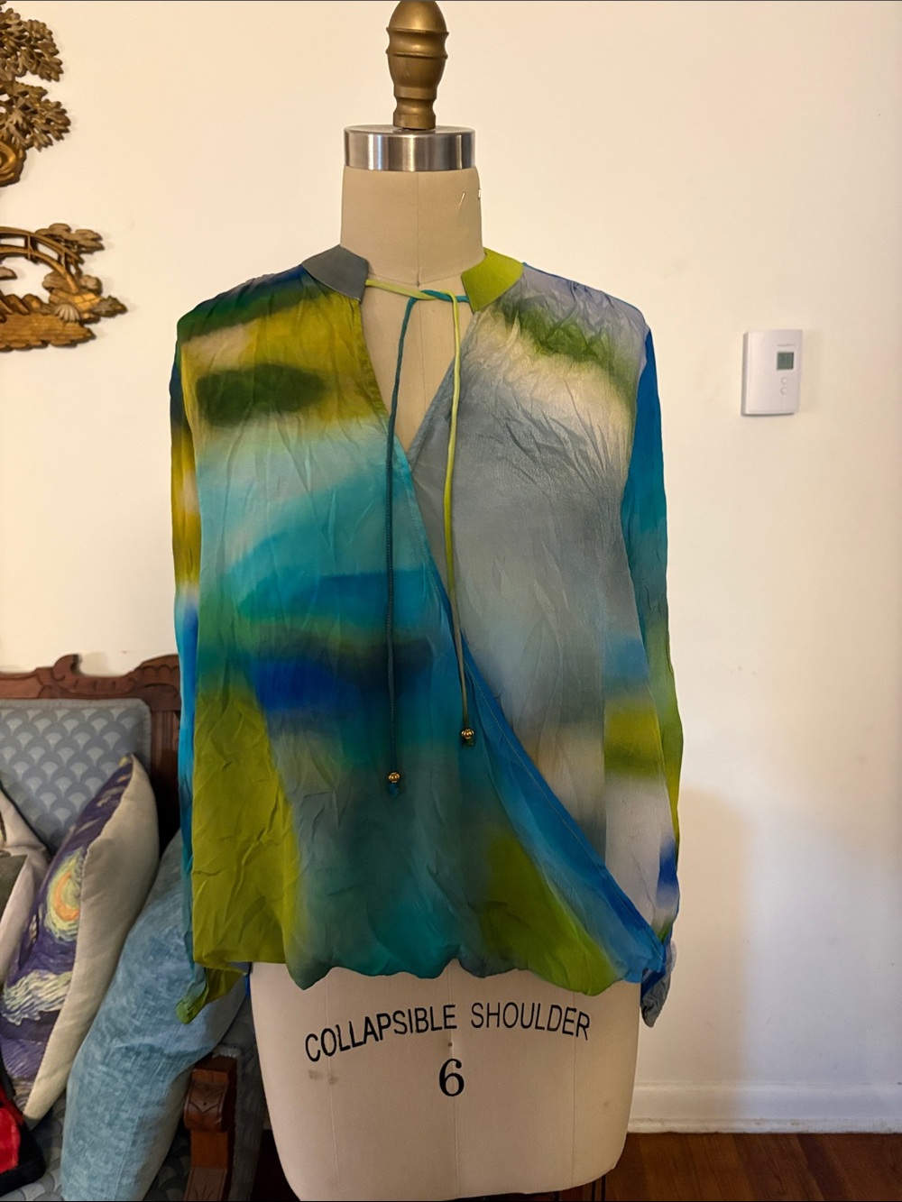 AP.NY Sheer Watercolor Tie-Neck Blouse in Blue & Green